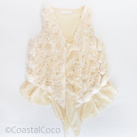 Pretty Angel Ivory Floral Rosette Ruffle Vest L Silk Blend Whimsical Festival - Picture 7 of 12